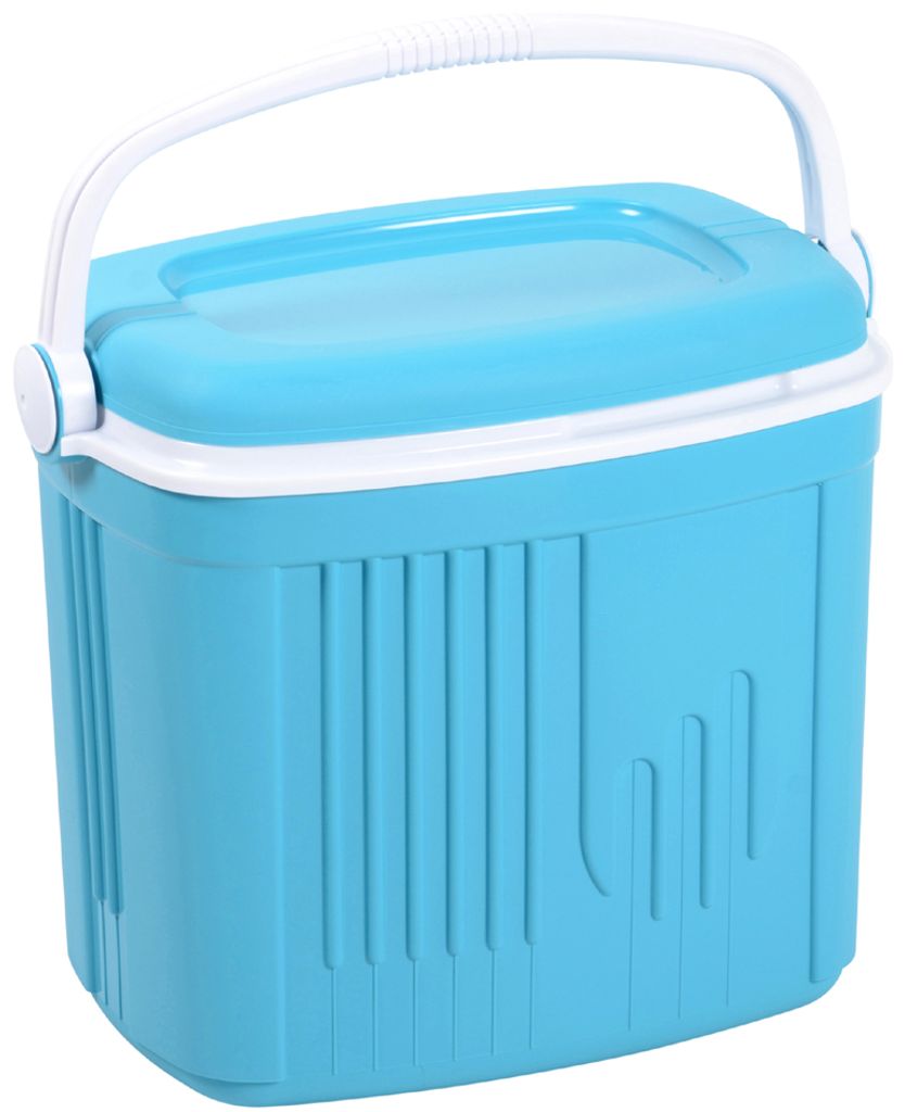 A light blue cooler box with a white handle and trim, shown against a white background.