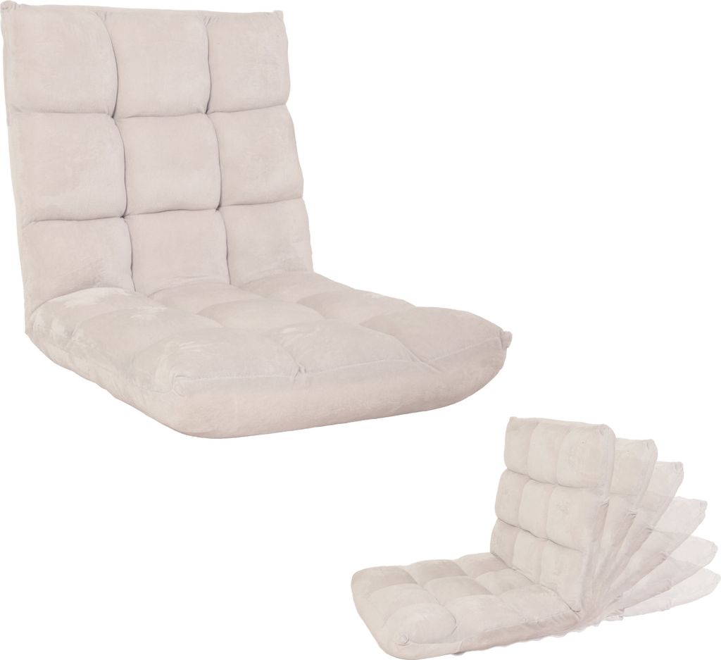 A beige floor chair is shown in two views against a white background. The main view shows the chair fully reclined, and a smaller view shows the chair in a more upright, folded position.