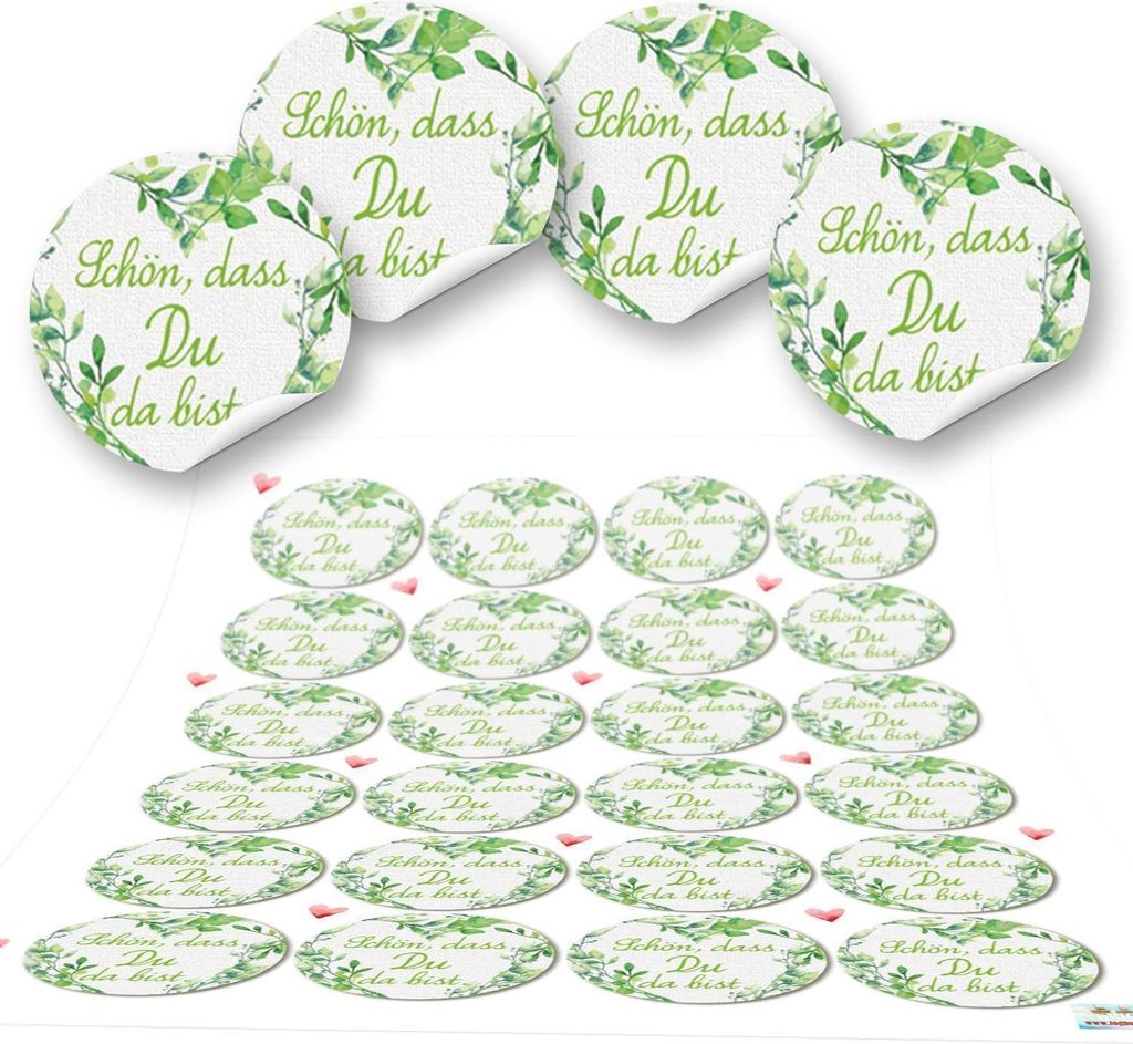 72 Aufkleber rund grün hellgrün weiß SCHÖN DASS DU DA BIST 4 cm Geschenkaufkleber Etiketten Sticker - Hochzeit Taufe Geburtstag Gastgeschenk gi...
