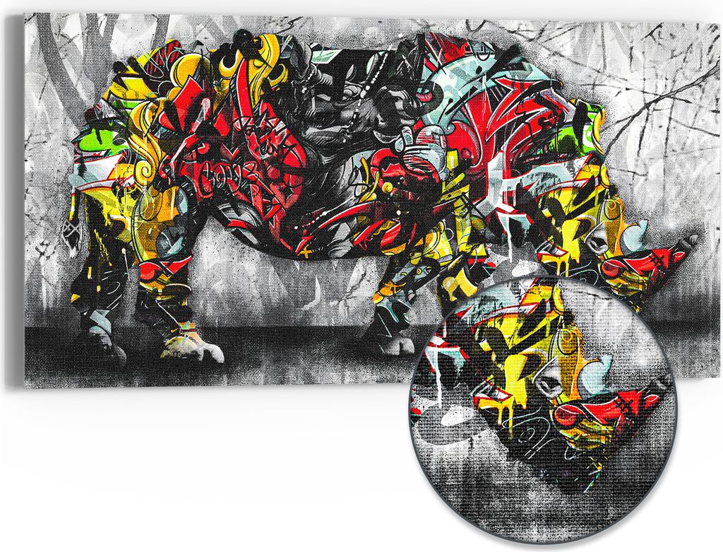 DEQOART Hybrid Leinwand Bild 60x30 cm 'Graffiti-Nashorn' Wandbild Glas flach modern
