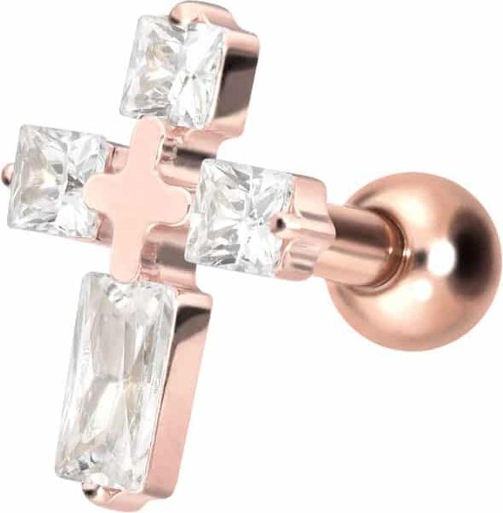 Ohrpiercing Titan Ohrpiercing mit Innengewinde KRISTALLKREUZ RoséGold Stablänge: 8mm