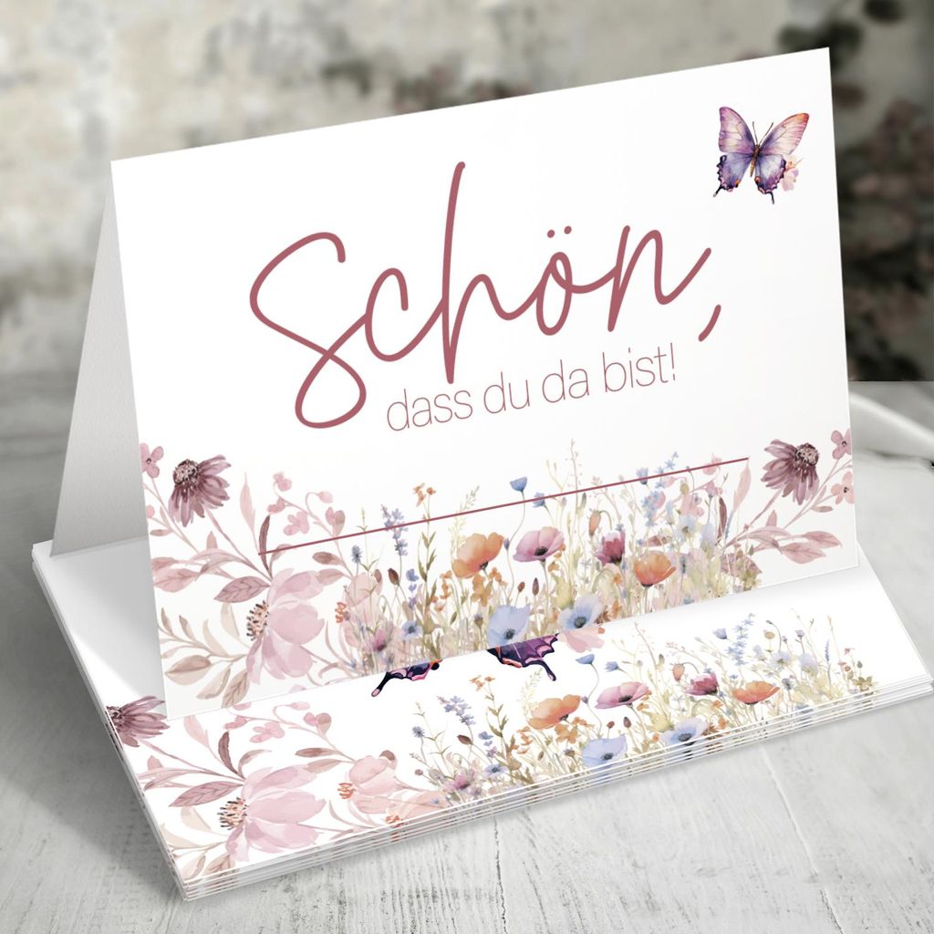 50 Tischkarten Schön dass du da bist, Floral Butterfly Blumenwiese Hochzeit
