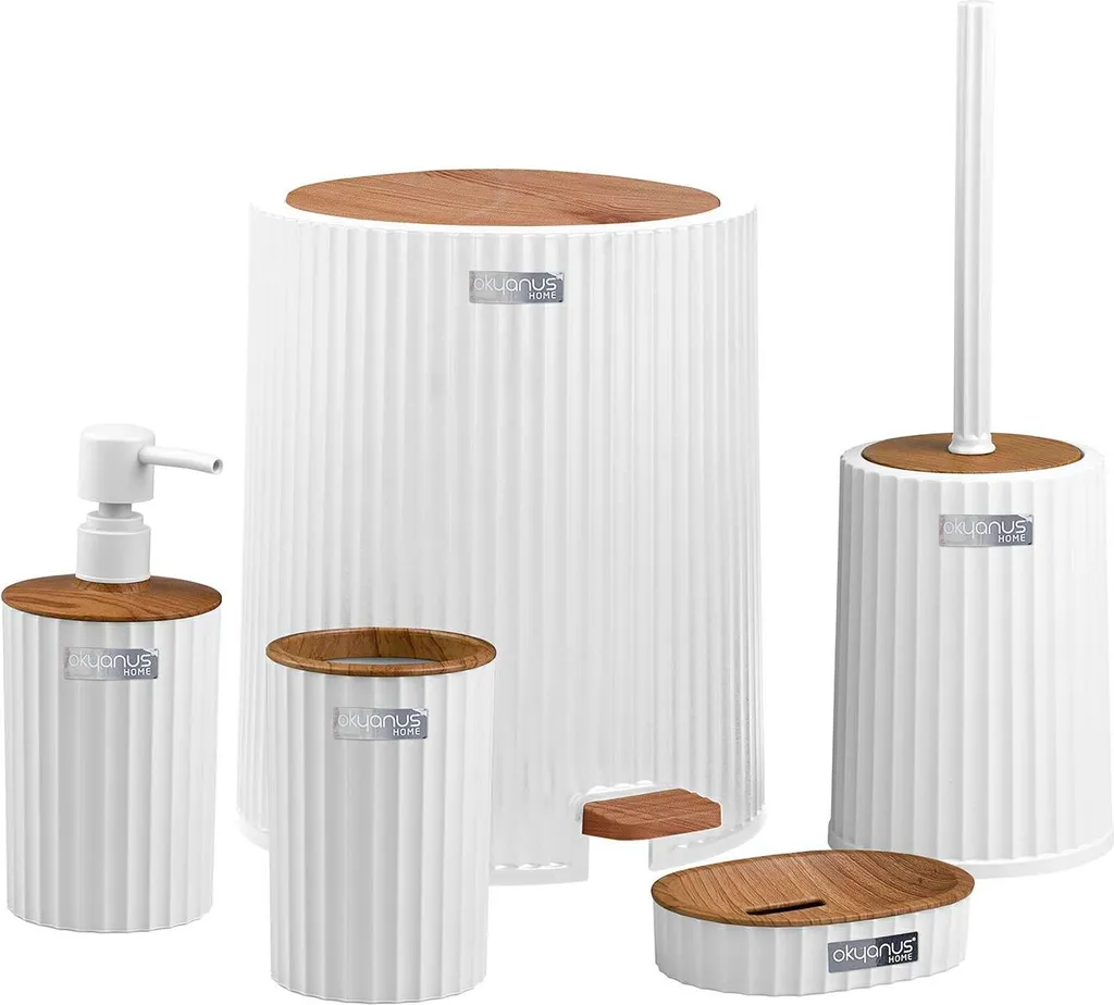 Set Bagno Completo Freehome 5pz - Bianco a Righe e Legno Naturale