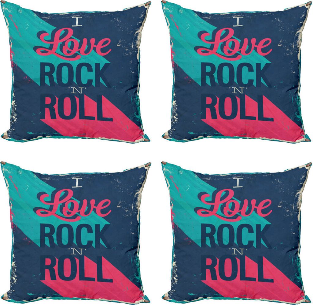 ABAKUHAUS Rockmusik Kissenbezug Set (4 Stück), Ich liebe Rock n Roll, Moderner Doppelseitiger Digitaldruck, 60 cm x 60 cm, Dunkle Coral Turquoise