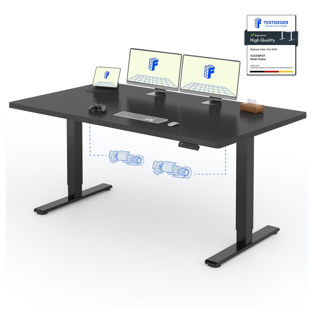 A black standing desk with two monitors, a tablet, keyboard, mouse, and a box of tissues on top. Blue line drawings show the desk's lifting mechanism.