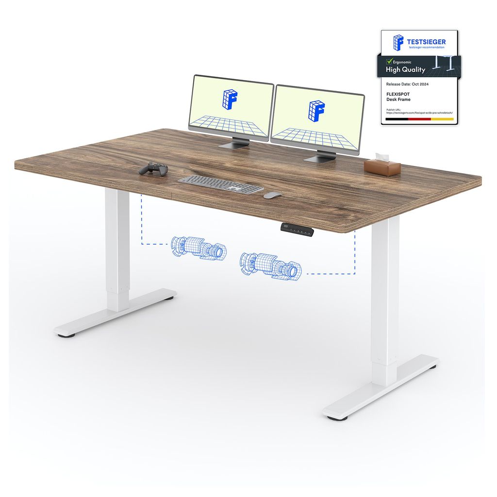 A standing desk with dual monitors, keyboard, and mouse.