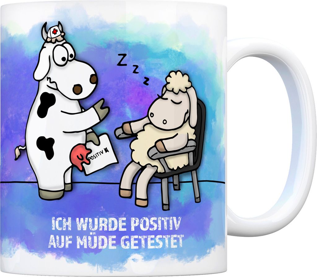 Kaffeebecher mit Kuh und Schaf Motiv und Spruch: Ich wurde positiv auf müde