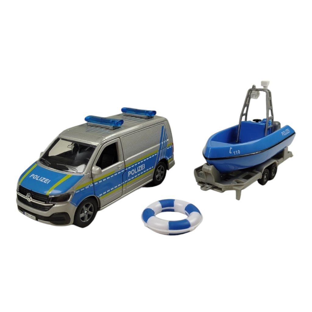 Kids Globe VW Transporter Polizei mit Boot Spielzeug für Immagine del prodotto 