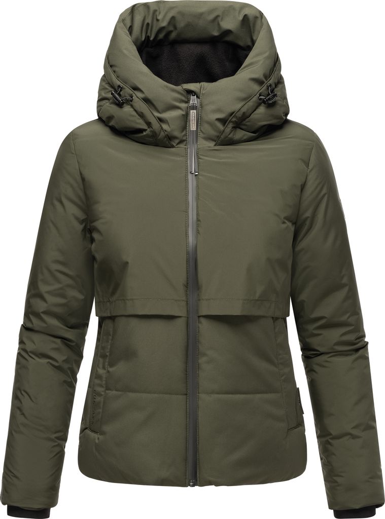 Navahoo Damen Winterjacke Outdoor Jacke Recycelt Vegan Übergangsjacke mit hohem Kragen gefütterte Kapuze Liebesküken XVI Dark Olive Gr: 36 - S