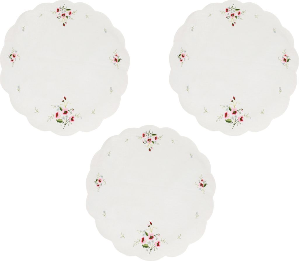 Betz 3 Deckchen mit Stickerei BLUMEN Farbe weiß - Durchmesser 35cm