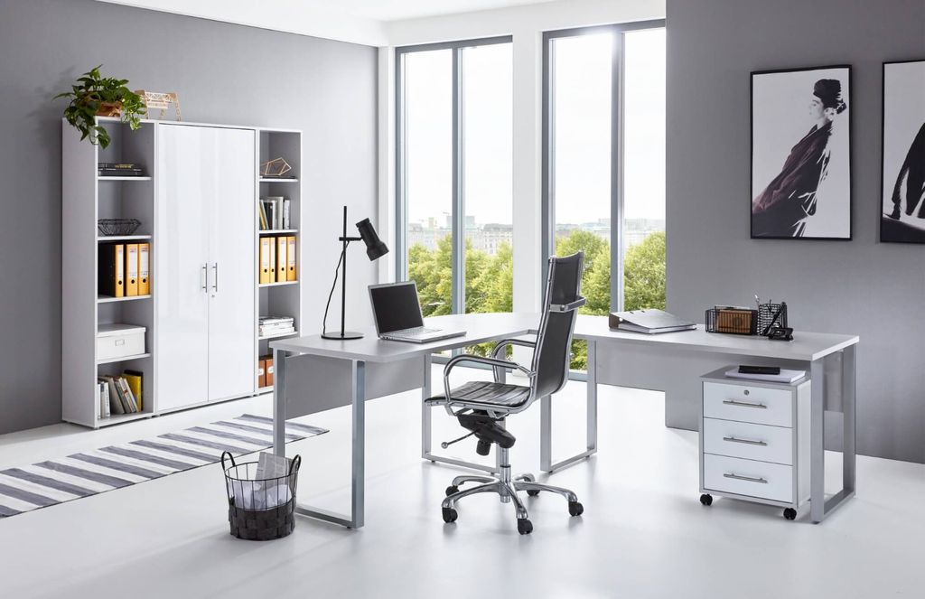 Büromöbel-Set TABOR PRO 3 in lichtgrau / weiß Hochglanz, Arbeitszimmer Komplett-Set