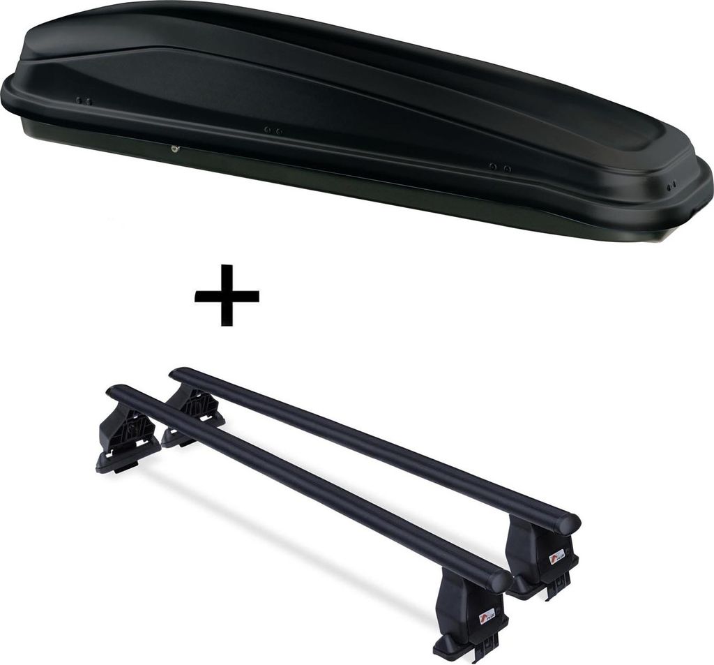 Dachbox JUEASY300 300Ltr schwarz + Dachträger Menabo Tema Stahl kompatibel mit für Skoda Octavia II 2005-2008