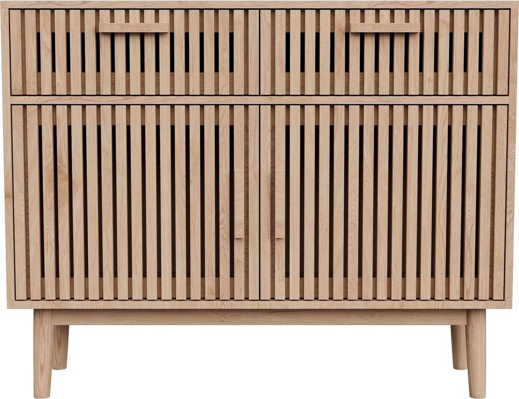 Konsolentisch - Sideboard - 2 Schubladen - Retro-Stil - Für Flur und Wohnzimmer - Aus Holz - Montage erforderlich - Naturholzfarbe Buff