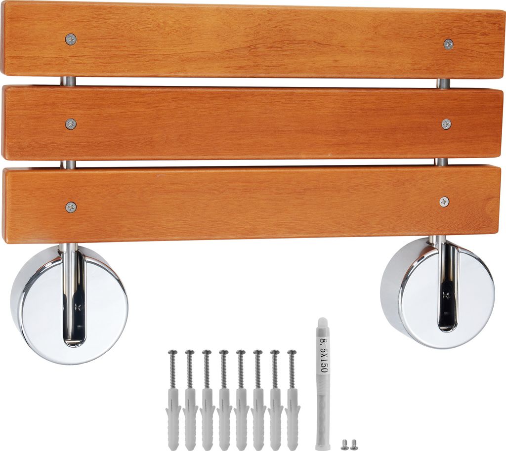 SucceBuy Klappbarer Duschsitz aus Teakholz, 50,6 x 33,3 cm ausgeklappt, wandmontierte, hochklappbare Duschbank mit 200 kg Tragkraft, platzsparend f...