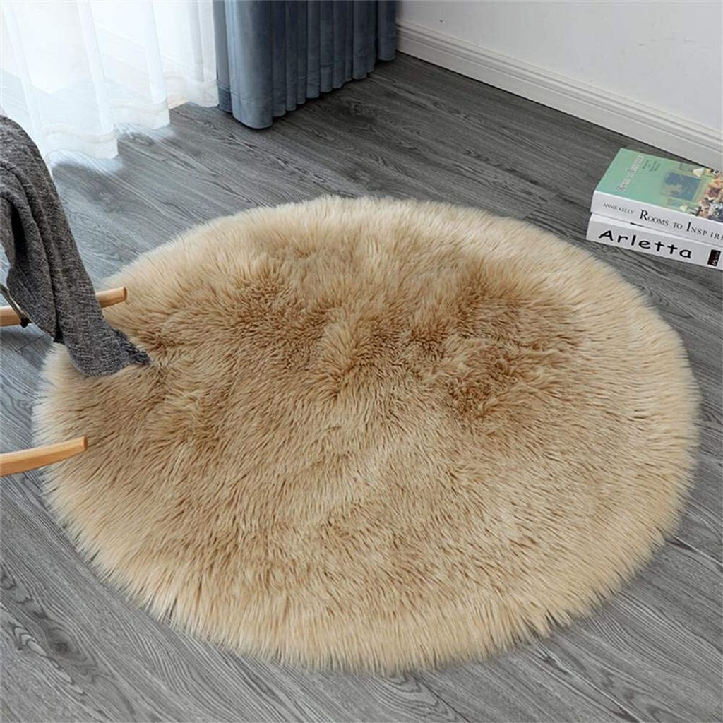 Teppiche Kunstfell für Wohnzimmer Teppich Fellimitat Rund für Schlafzimmer Wollteppich Shaggy Langflor Abwaschbar für Kinderzimmer,Caramel,130cm