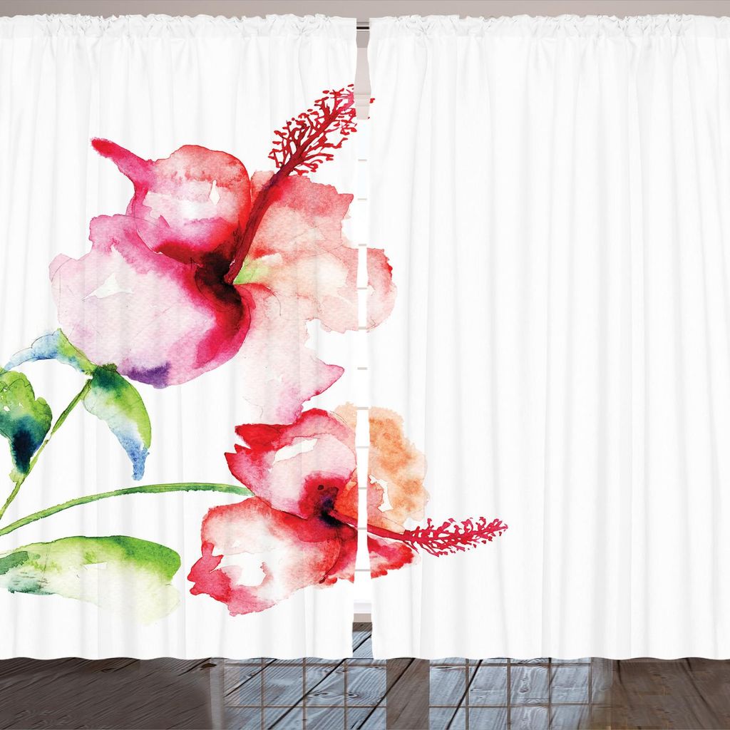 ARANDE Aquarell-Blumen Gardine, Hibiscus Flowers auf normalem Hintergrund im Pastell färbt Natur-Thema, 280 x 245 cm, Weiß Rot Grün