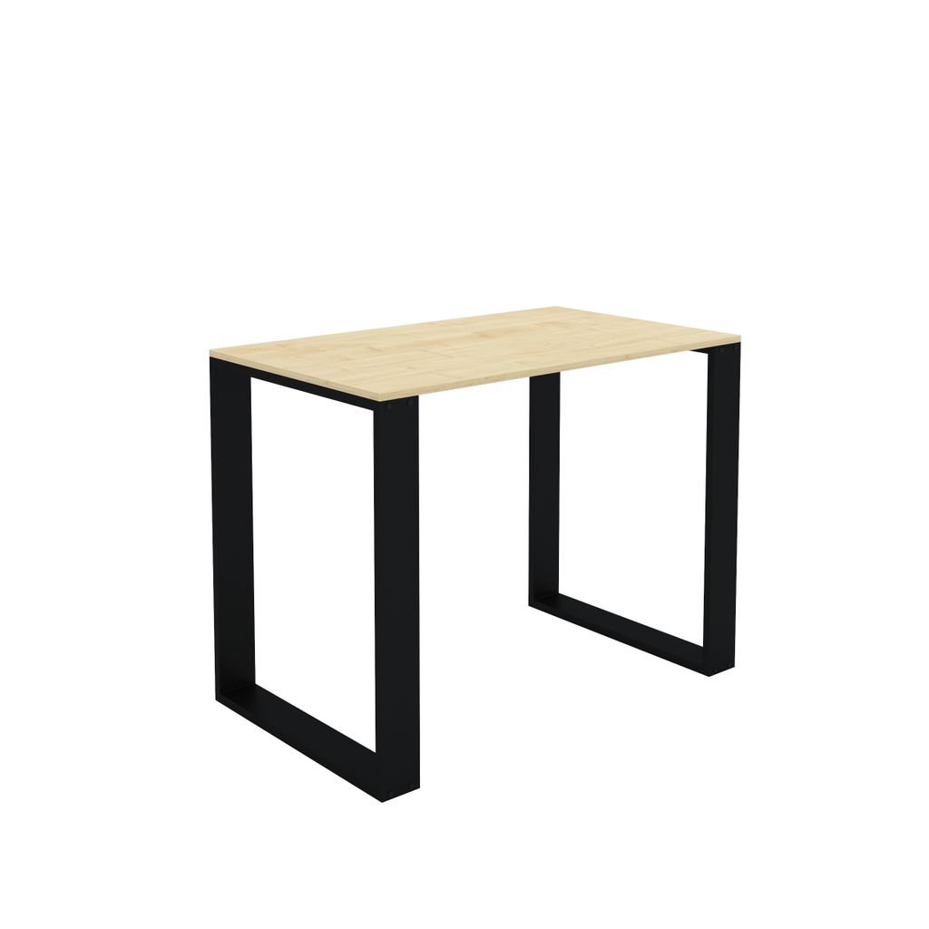 A product shot of a table with a light wood top and black legs, isolated on a white background.