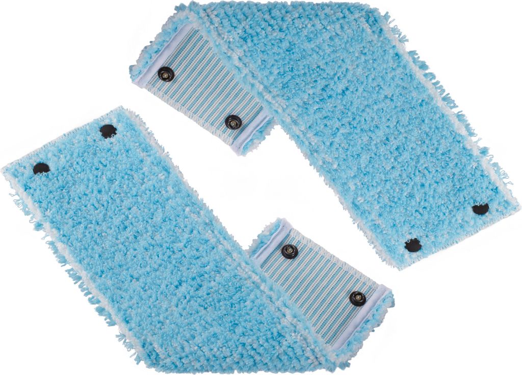 Two blue mop heads with white trim and snap fasteners are arranged diagonally on a white background.