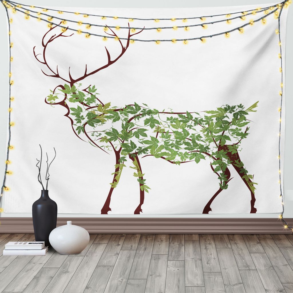 ABAKUHAUS Geweih Wandteppich, Garten Deer Celebration, Wohnzimmer Schlafzimmer Heim Seidiges Satin Wandteppich, 200 x 150 cm, Grün Braun Weiß