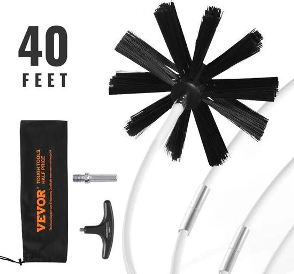 Kit Nettoyeur de Cheminée 12m avec 29 Tiges en Nylon et Tête de Brosse