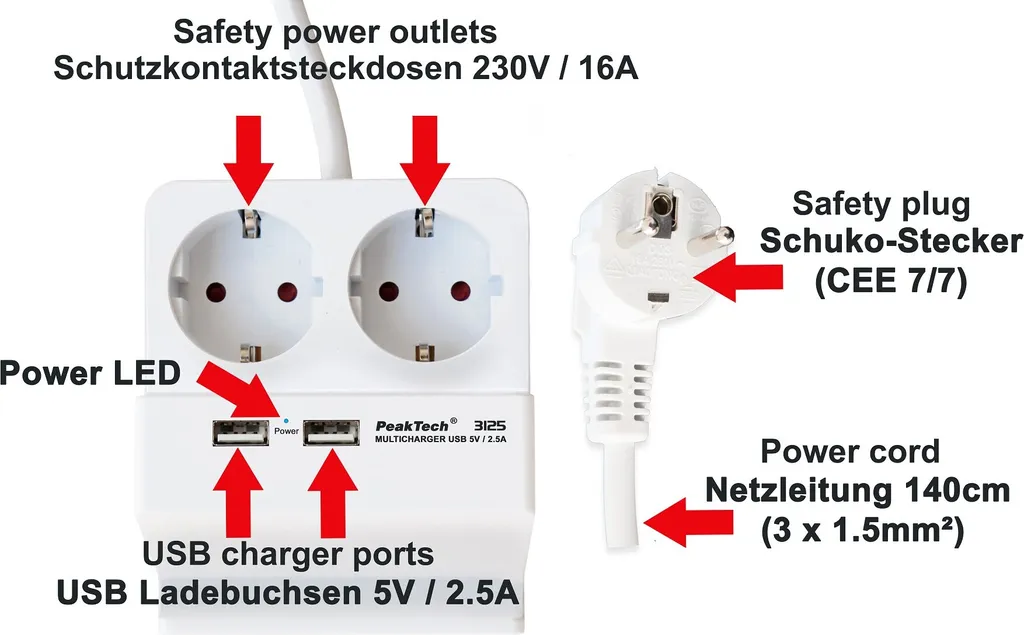 Prise de table escamotable PeakTech P 3125 avec chargeur USB 2.5A max