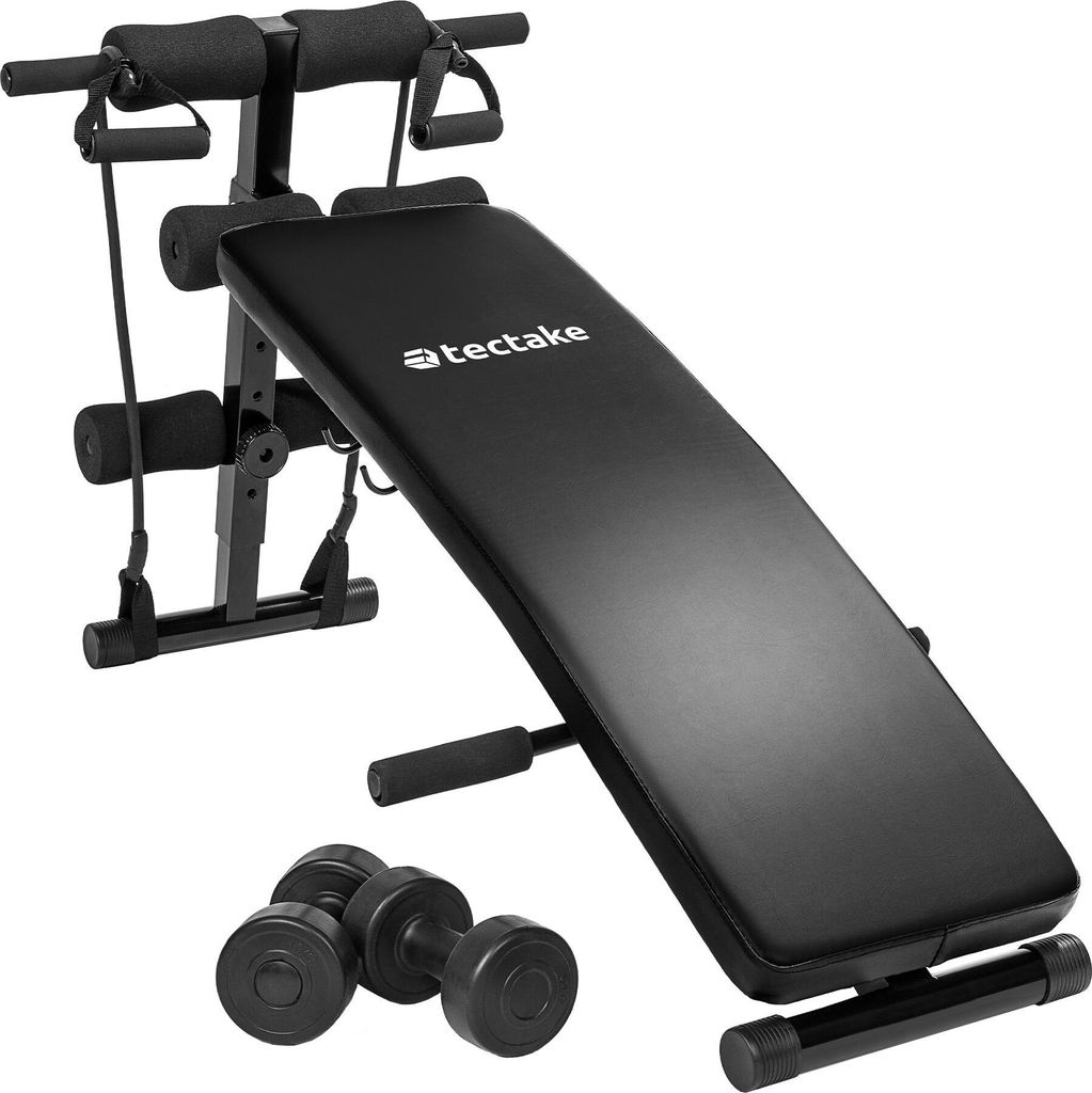 tectake Sit-up Bank Cuttler 6-fach verstellbar rutschfeste Fußenden, inklusive 2 Hanteln und elastische Seile