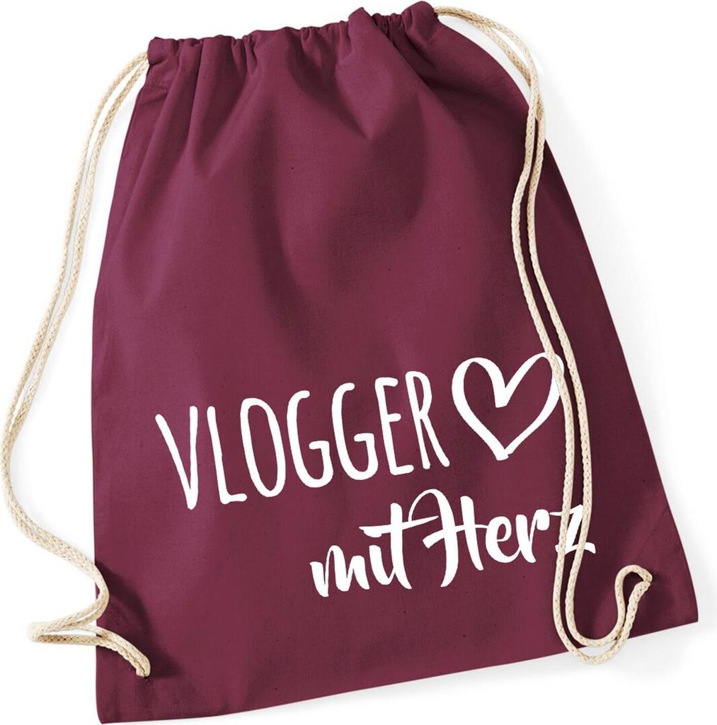 Huuraa Turnbeutel Vlogger mit Herz 12 Liter Burgundy Baumwolle Rucksack Geschenkidee