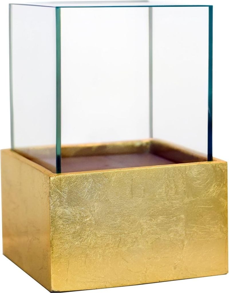 VIVANNO Windlicht Fiberglas CANDELITA Rechteckig, Blattgold Blattoptik hochglanz - 20x20x29 cm