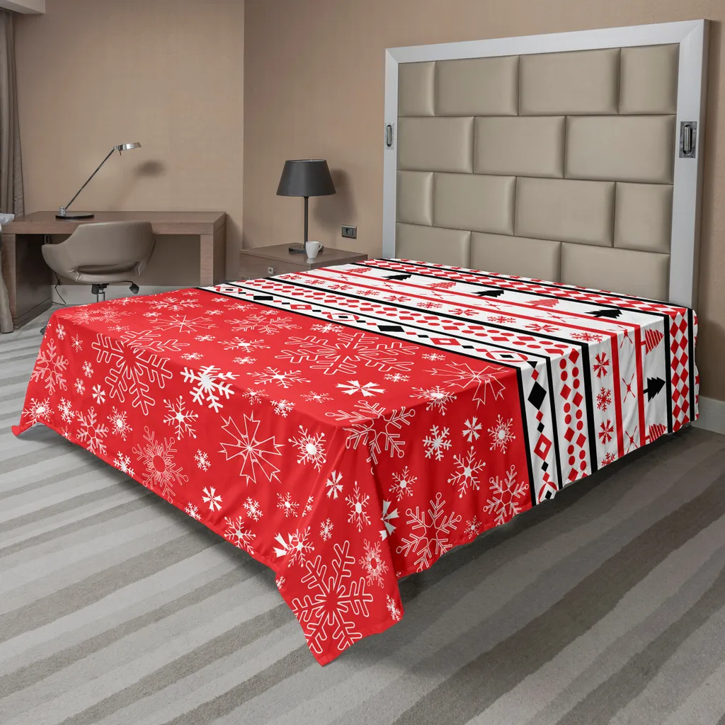 Drap de Noël décoratif 266x260 cm motifs géométriques et flocons rouge