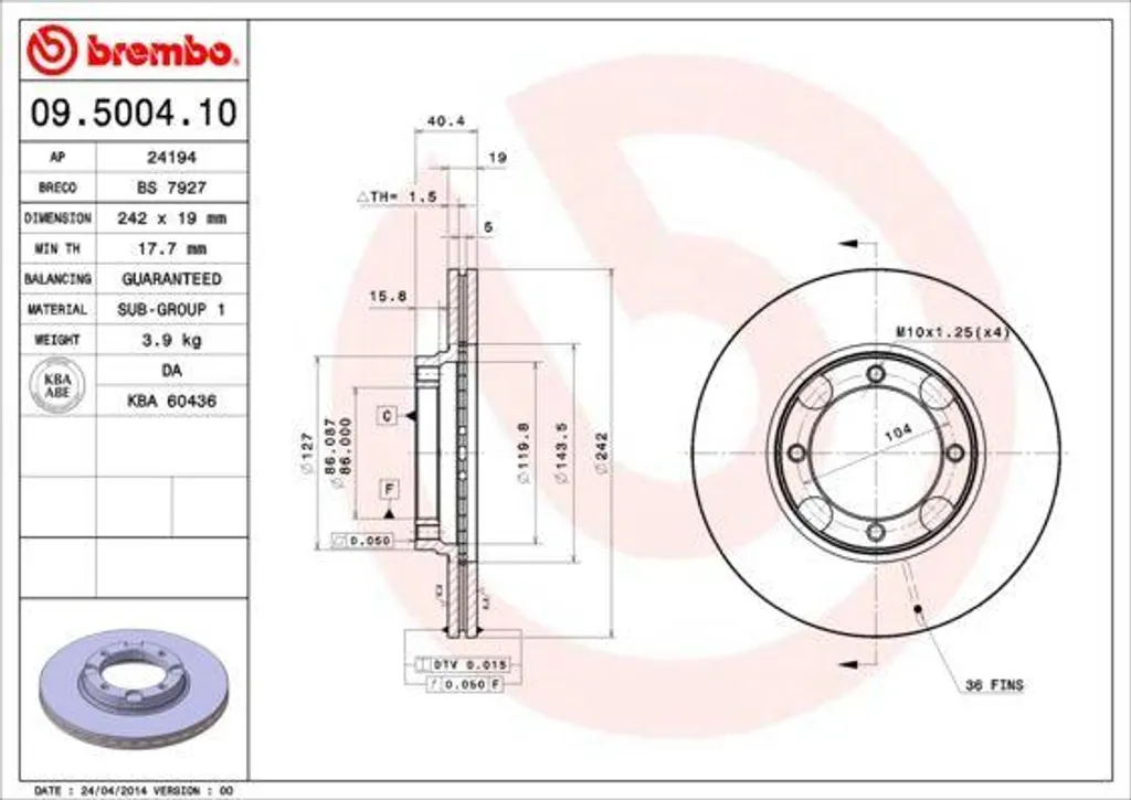 Disque de frein avant Brembo pour Accent I (X-3) et S SLC 09.5004.10