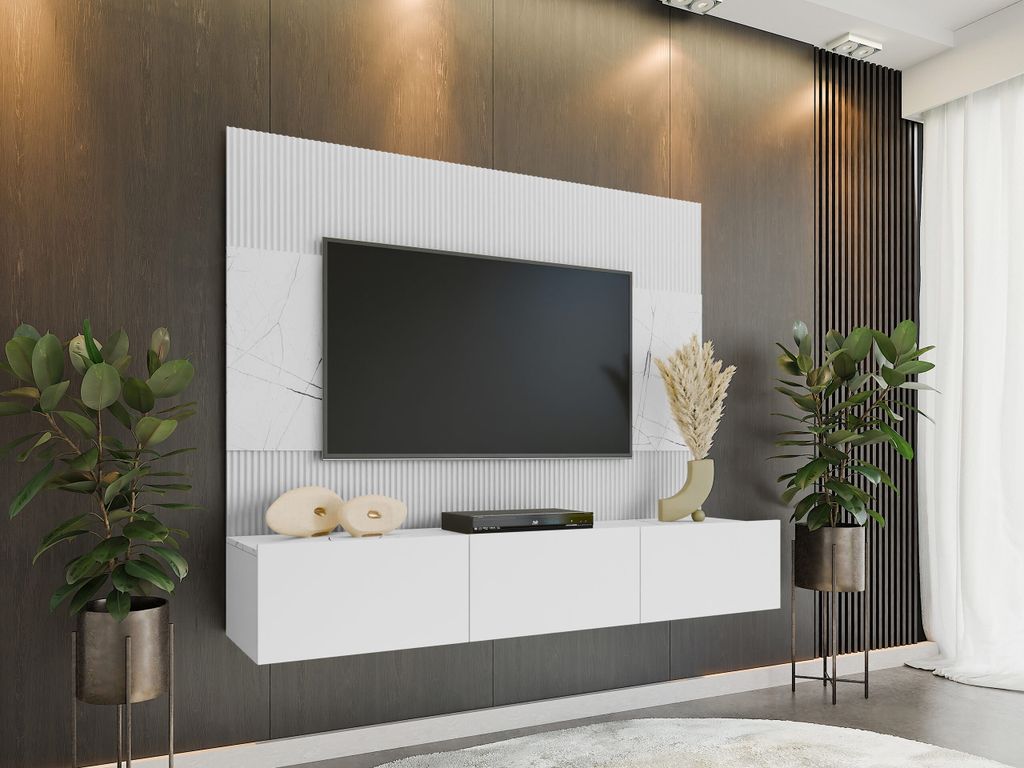 A modern living room with a wall-mounted TV unit.