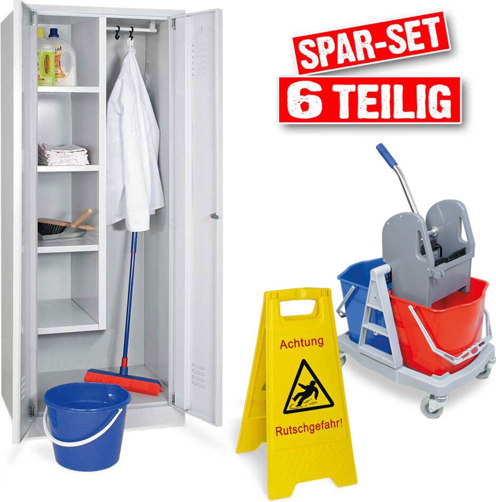 BRB 6-teiliges Reinigungsset, mit Putzmittelschrank, Nasswischwagen und Warnschild