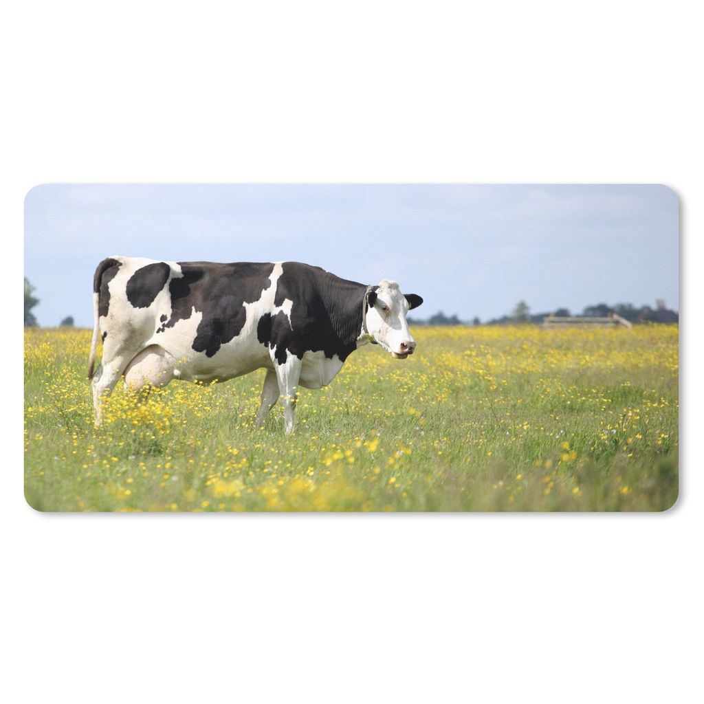 MuchoWow Schreibtischunterlage Kuh - Gras - Blumen 80x40 cm - XXL Mauspad - Gaming Mauspad