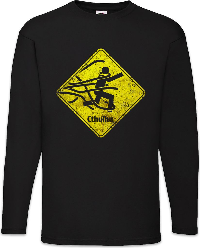 Urban Backwoods Caution Cthulhu Sign, Langarm T-Shirt, Farbe: Schwarz, Größe: 3XL
