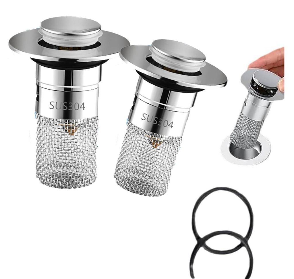 Abflussstopfen, 2 Spülbeckenstopfen, Edelstahl-Abflusssieb, Spülbeckensieb für 33–40 mm mit Haarfilter, für Bad, Spüle und Küche