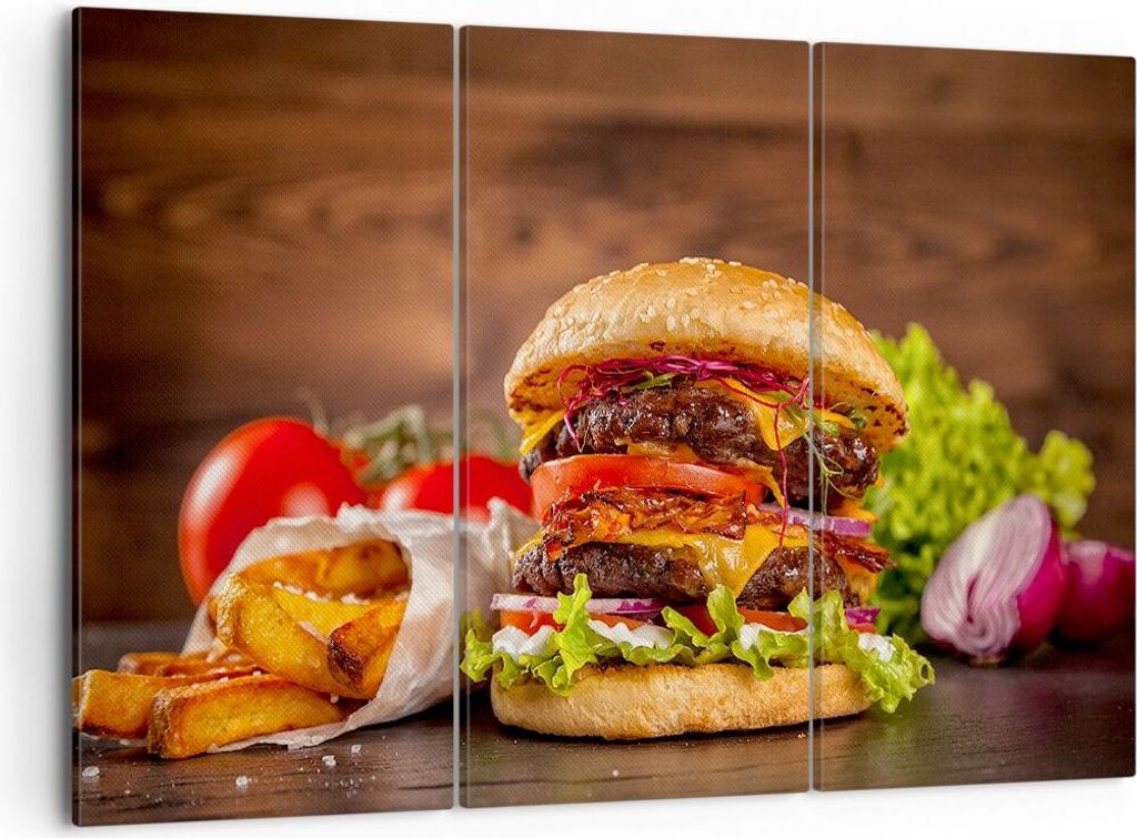 Bild auf Leinwand - Leinwandbild - Hamburger Sandwich - 105x70cm - Wand Bild - Wanddeko - Leinwanddruck - Bilder - Kunstdruck - Wanddekoration - Le...