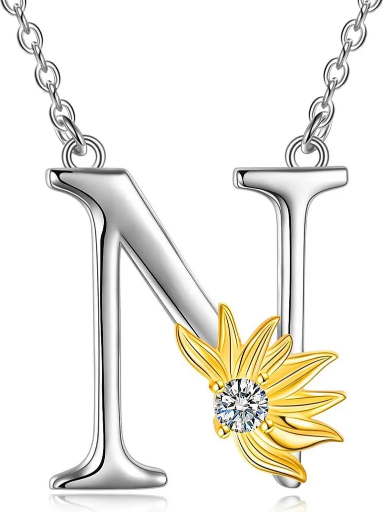 Collier Alphabet Initial en Argent Sterling et Pendentif Tournesol Jaune