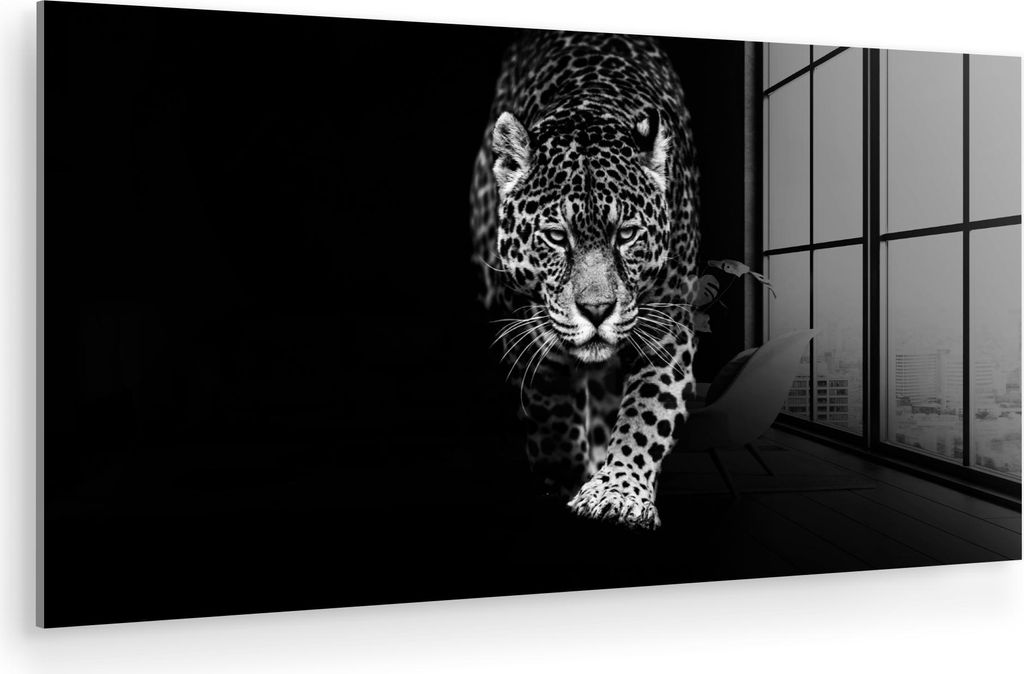MuchoWow Glasbilder - Bilder auf Wandbild - Foto auf Glas Tiere - Schwarz - Leopard - Weiß - Wild 120x60 cm Wanddekoration aus Glas - Acrylglasbil...