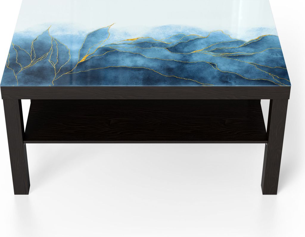 DEQORI Couchtisch 90x55 cm Schwarz 'Blauer Wasserfarbverlauf' Glas Beistelltisch