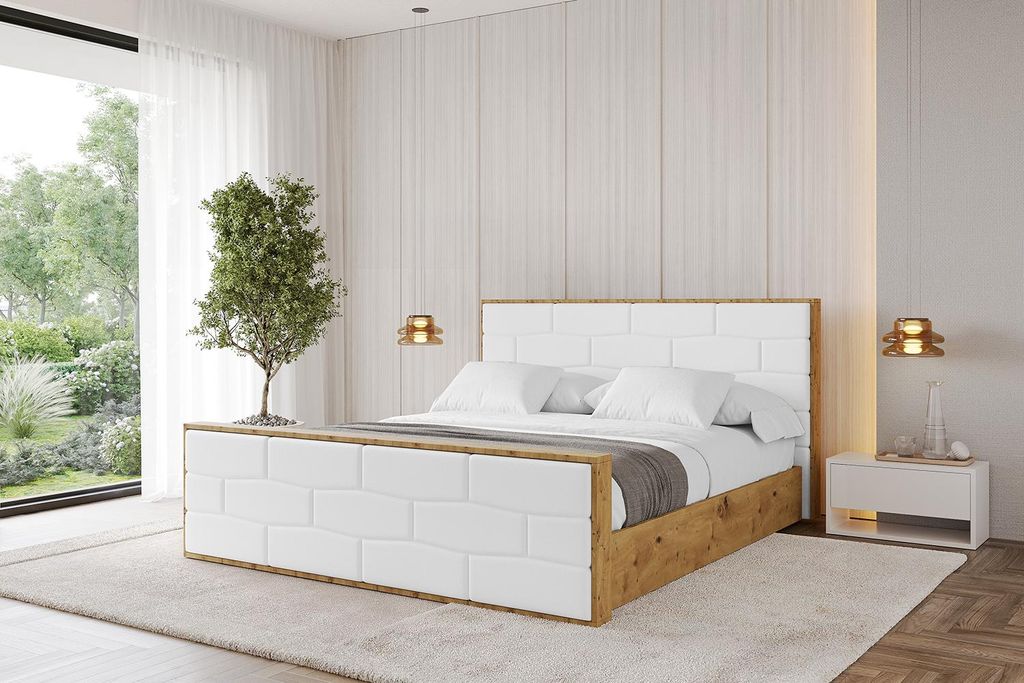 ALTDECOR Polsterbett mit Bettkasten - ENZO8-Z - 200x200 Weiß Kunstleder- Bett mit Kopfteil und Fußteil, Boxbett ohne Matratze, Doppelbett mit Sta...