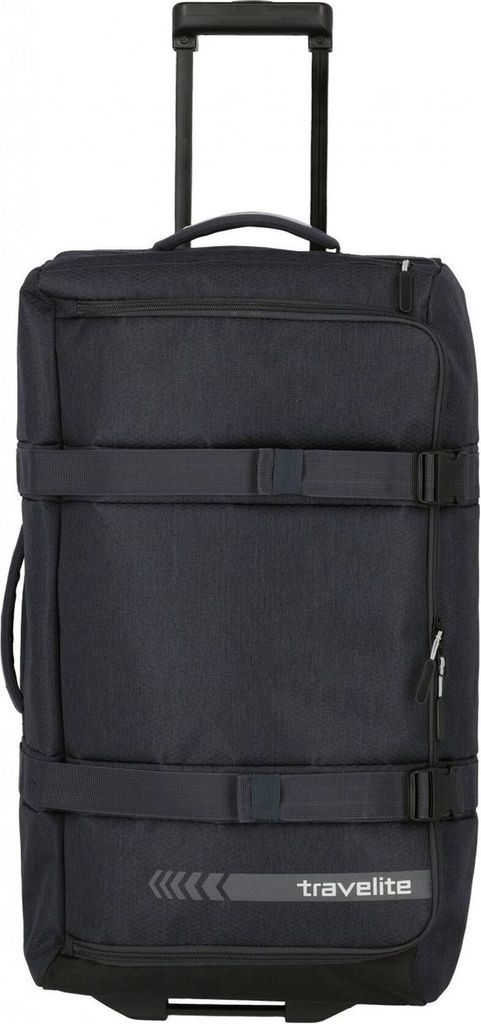 A dark blue Travelite rolling suitcase is shown against a white background.