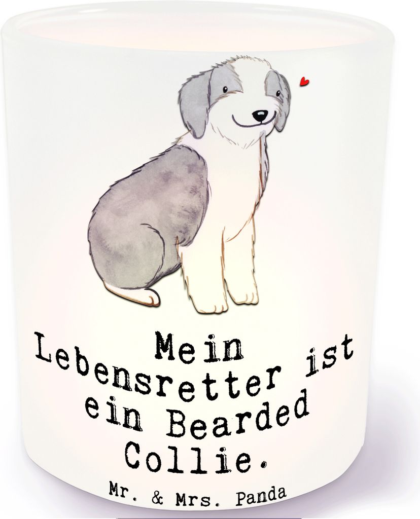 Mr. & Mrs. Panda Teelichthalter Glas Bearded Collie Lebensretter - Transparent - Geschenk, kerzenhalter, Windlicht aus, Britischer Hütehund, Outdoor