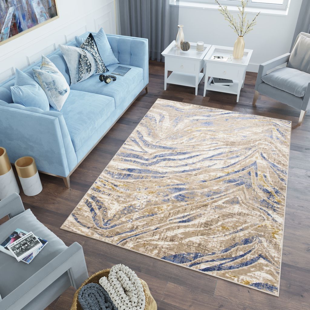 Teppich Wohnzimmer Schlafzimmer Kurzflor Modern Design Beige Blau Abstrakt Meliert 80 x 150 cm