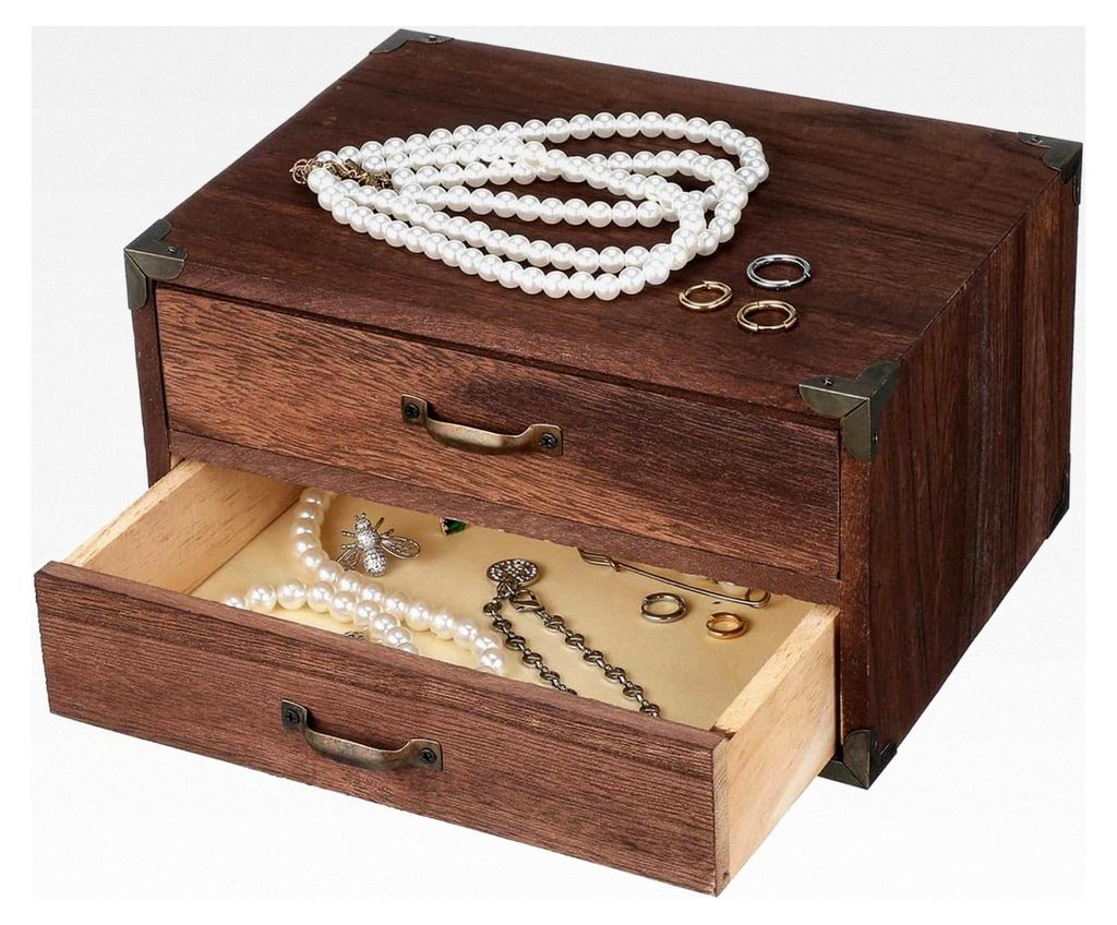 Holz Schubladenbox Vintage Desktop Aufbewahrungsbox mit 2 Schubladen für Schmuck, Büro und Zuhause, kompakter Schreibtisch Organizer