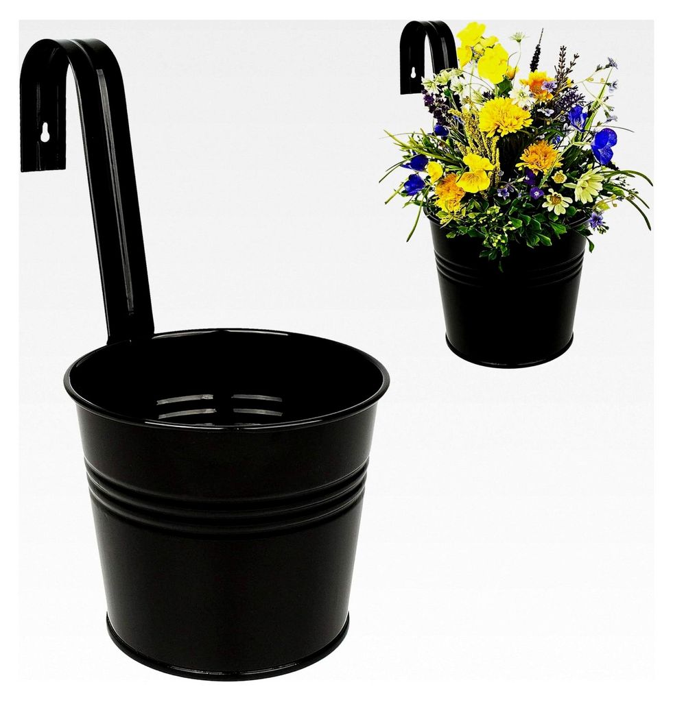 4 Stück Hänge-Blumentöpfe/Geländertöpfe/Pflanztöpfe - Metall - Ø 17 cm - schwarz - Hängend mit Haken & Halterung RUND