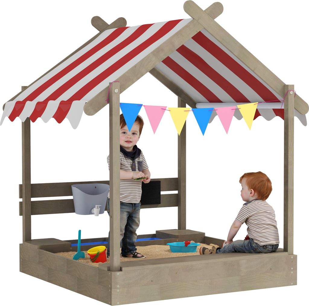 Outsunny Sandkasten mit Dach, Sandkiste aus Holz mit Sitzplatz, Spielhaus, 124 x 116 x 146 cm Sandbox mit Tafel für 3-7 Jahre Kinder, Garten, Grau