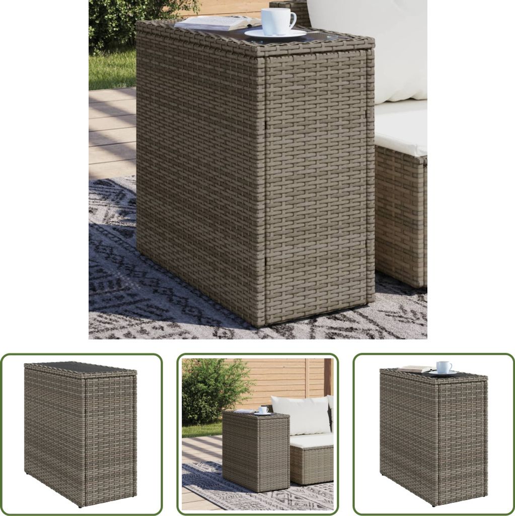 The Living Store Garten-Beistelltisch mit Glasplatte Grau 58x27,5x55 cm Rattan