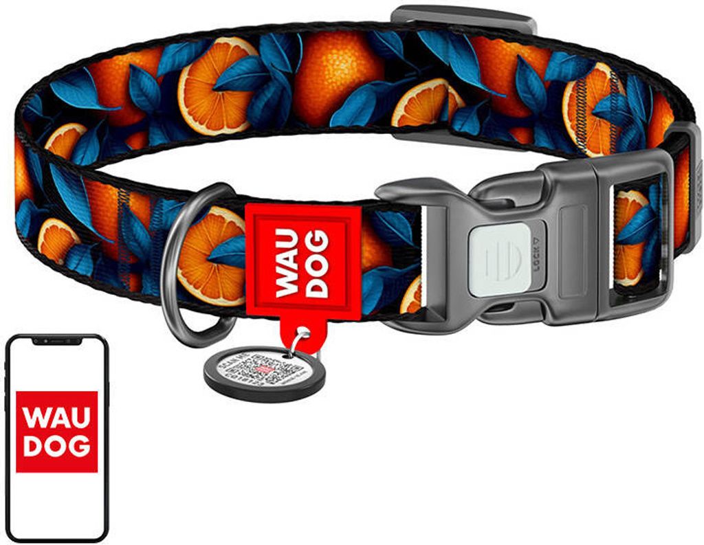 Waudog "Oranges" Nylon-Hundehalsband mit QR-Code, Größe M
