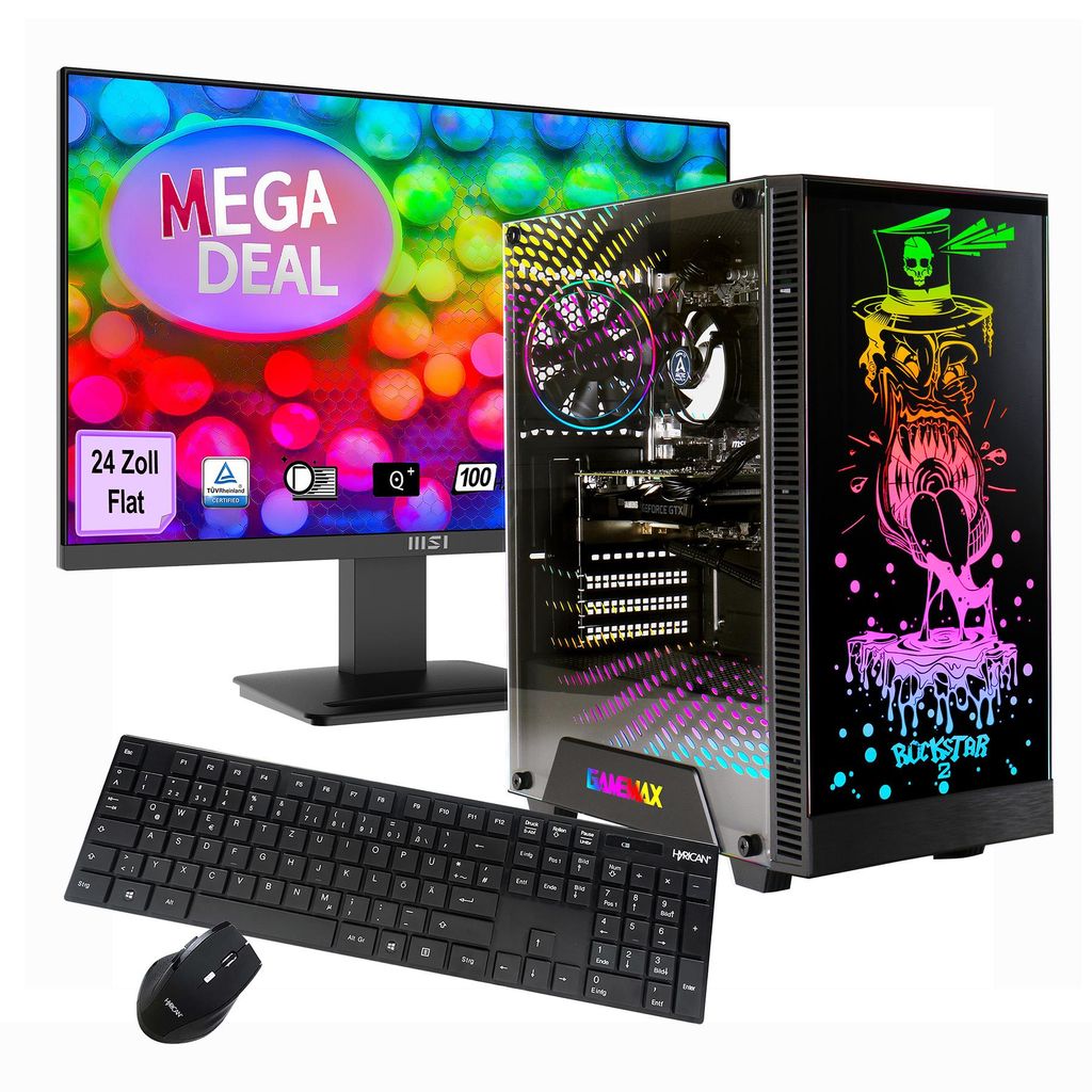GAMEMAX Gaming-PC MegaDeal Rockstar Komplett-SET i5 14400F 16GB RAM 1TB SSD RTX 5060 WIN11 + MSI PRO MP2412 Monitor 60cm (24") + Maus & Tastatur