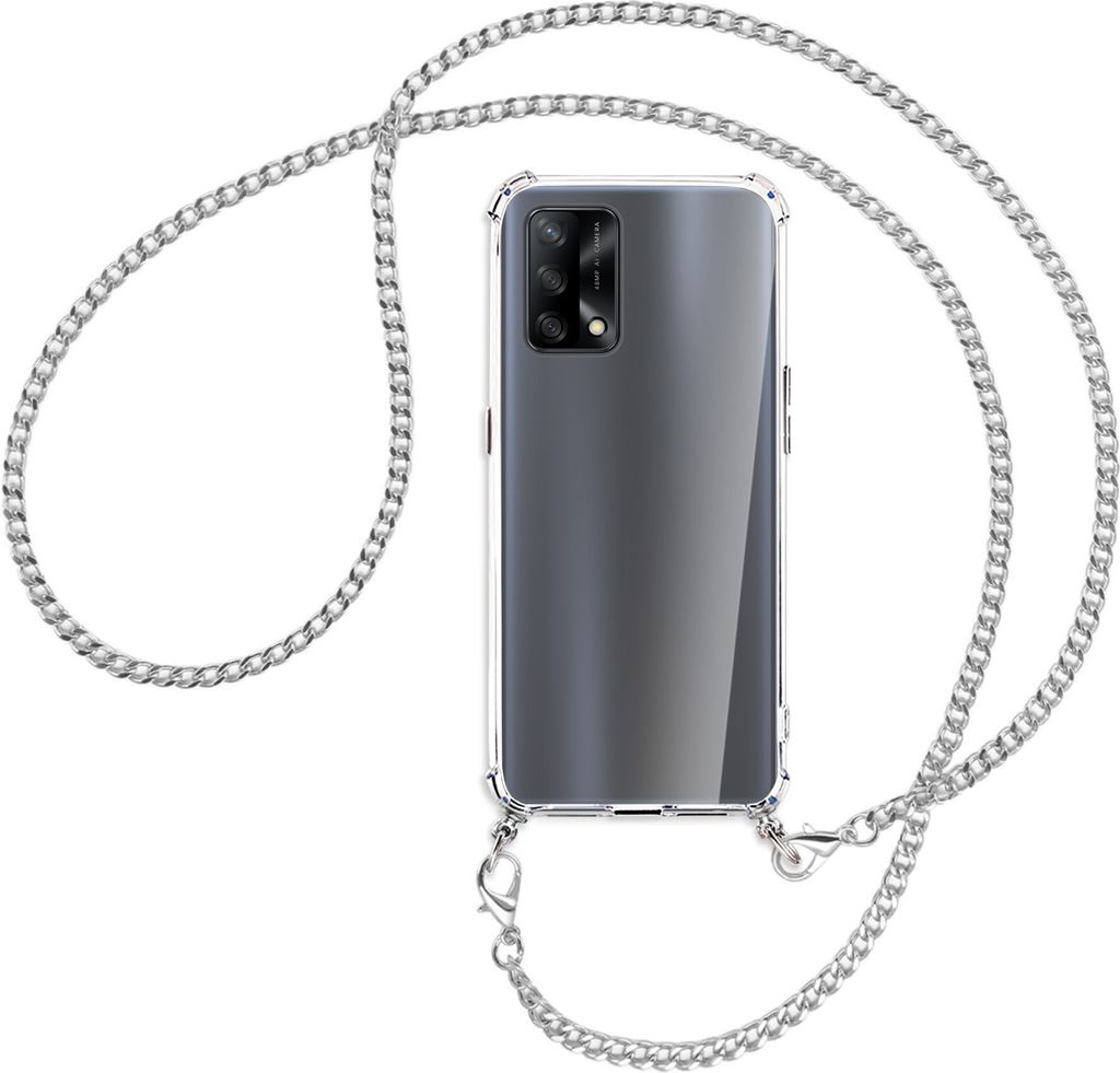 Handykette Backcover-Schutzhülle mit Band (Metall silberfarben) für Oppo A74 4G, Oppo F19 4G - silberfarbene Kette